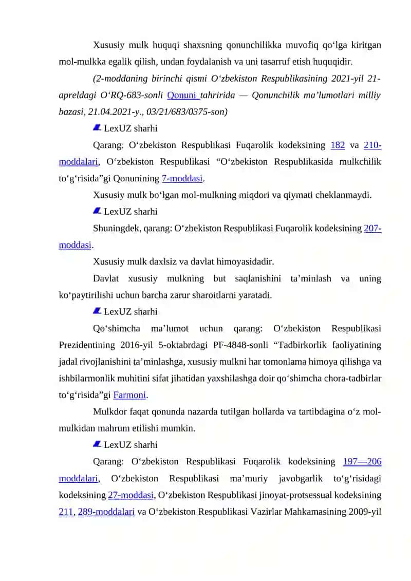 O'ZBEKISTON RESPUBLIKASINING IQTISODIY TIZIMI. XUSUSIY MULKNING DAXLSIZLIGI VA DAVLAT TOMONIDAN MUXOFAZA QILINISHI. 3