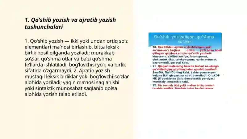 O'zbek tilida qo'shib yozish va ajratib yozish qoidalari haqida mulohaza 3