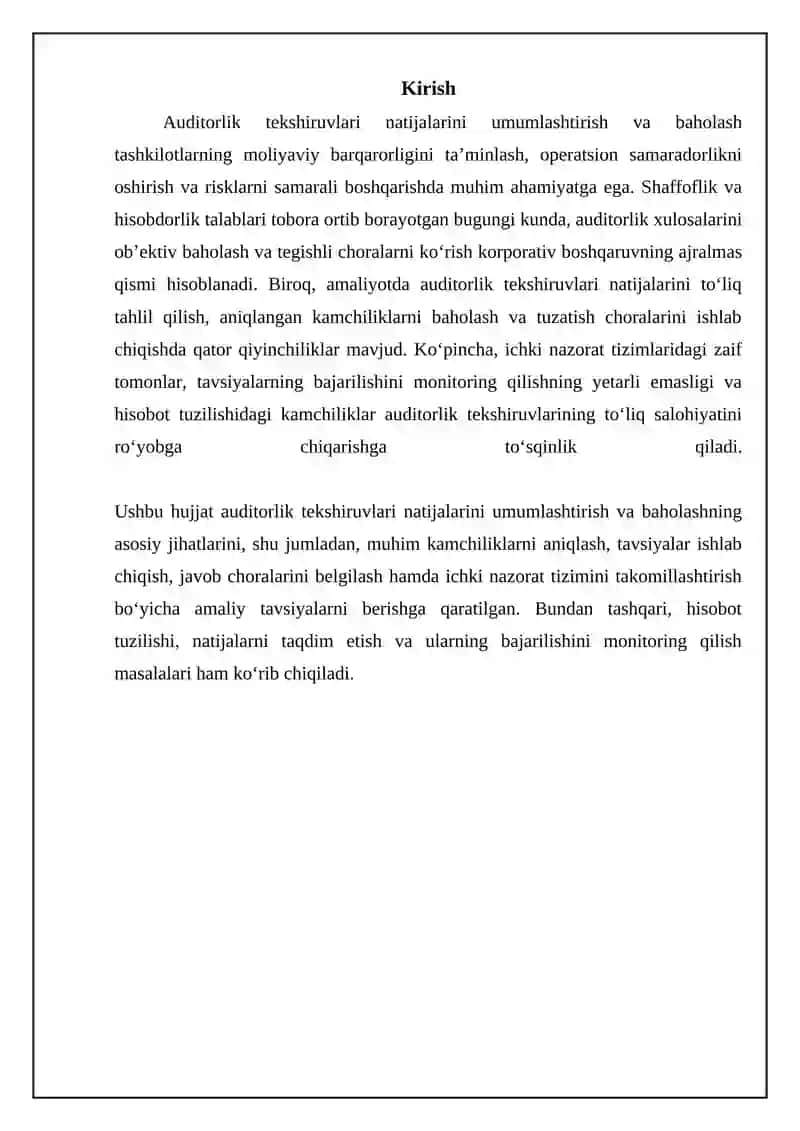 Auditorlik tekshiruvlar natijalarini umumlashtirish va baxolash 3
