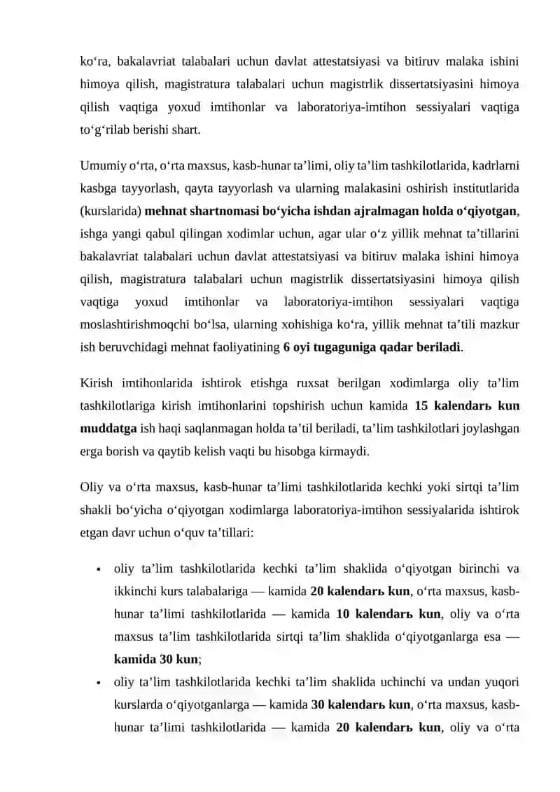 Ish ta'lim bilan birga olib boruvchi xodimlar uchun kafolatlar va kompensatsiyalar 3