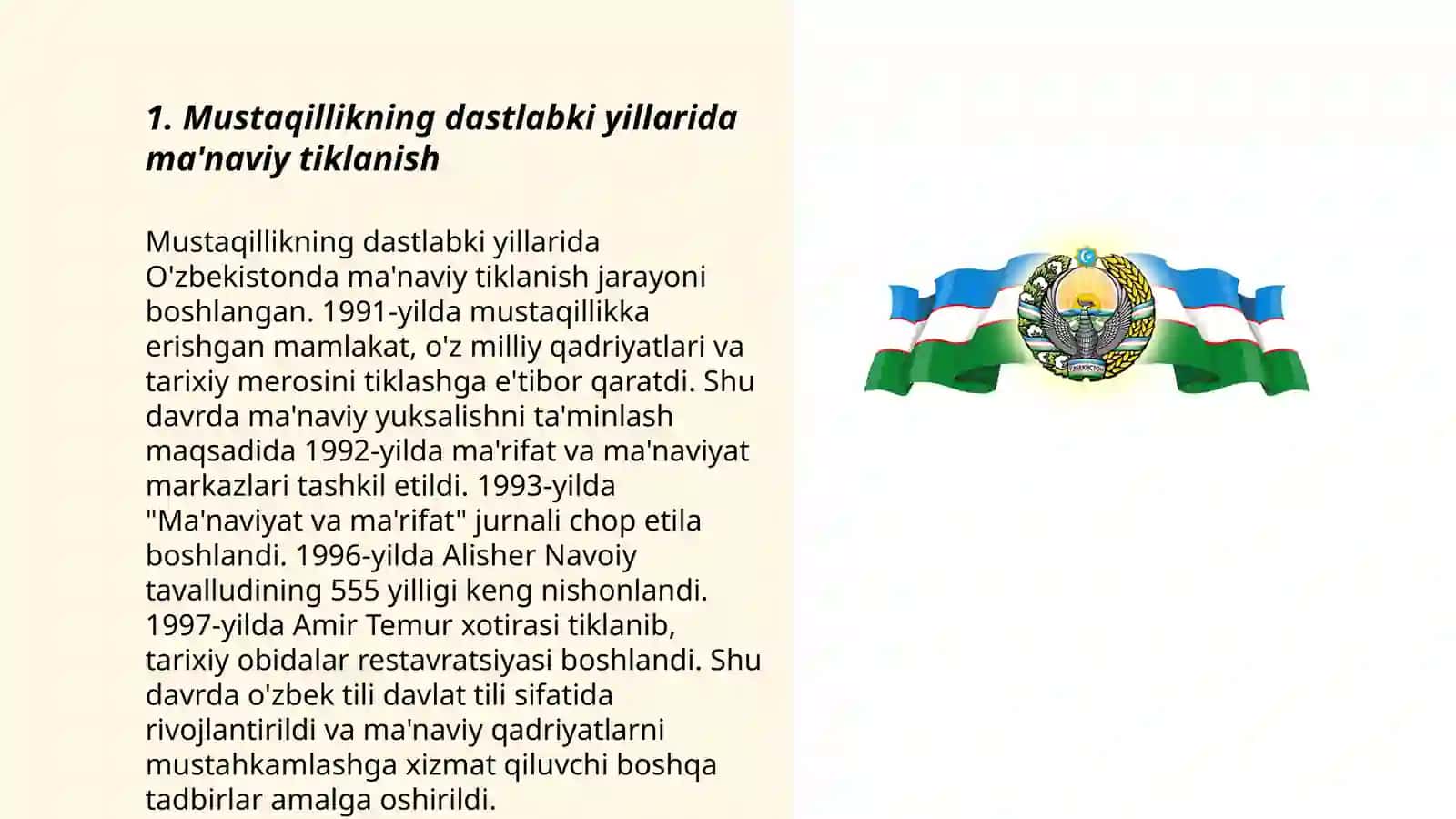 Mustaqillik yillarida oʻzbekistondagi maʼnaviy va madaniy taraqqiyot 3