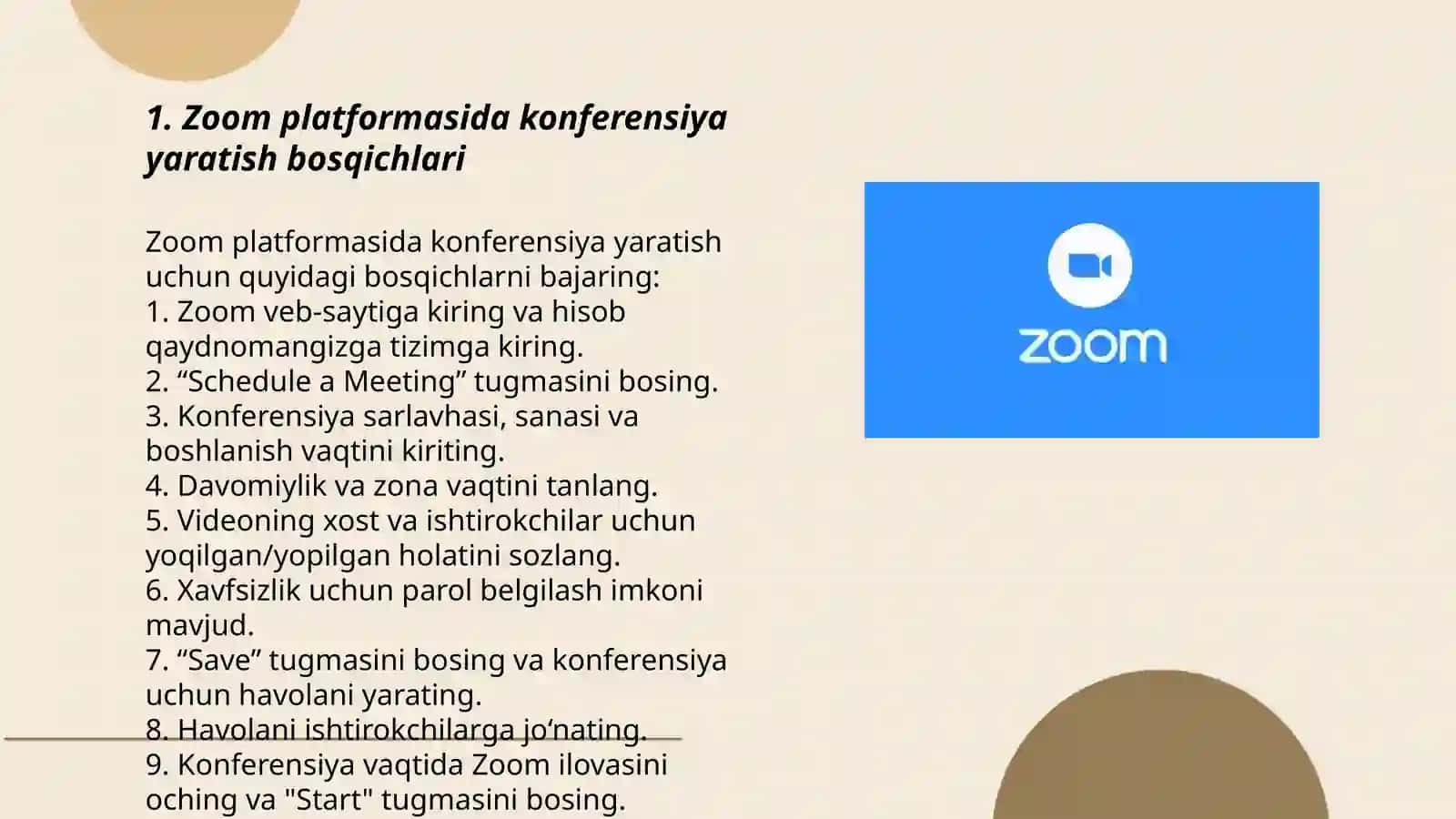 ZOOM platformasida konferensiya yaratish va unga foydalanuvchilarni ulash va boshqarish 3