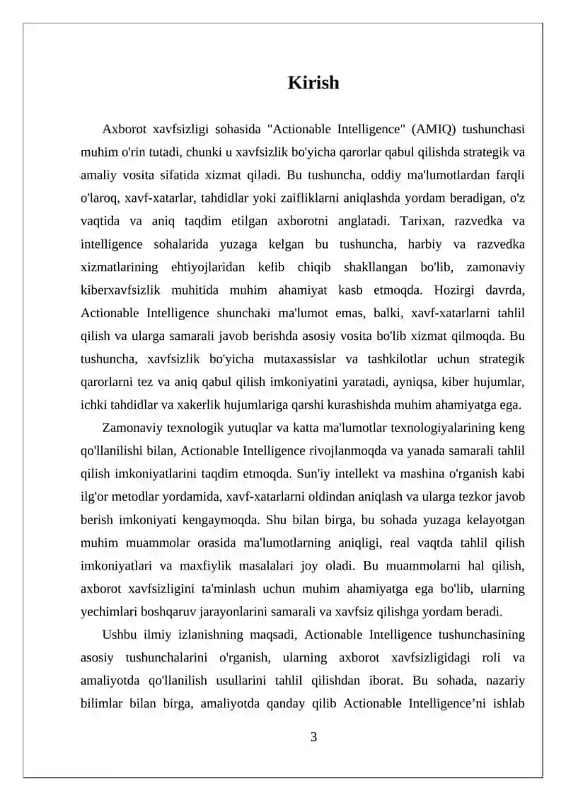 Axborot xavfsizligida  Actionable Intelligence  tushunchasi mustaqil ish 3
