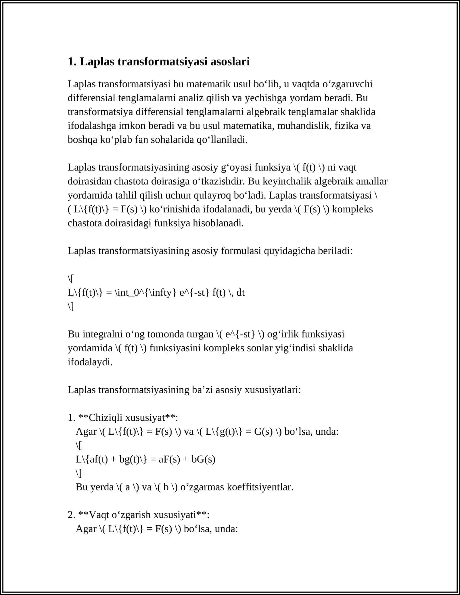 2-TARTIBLI DIFFERENSIAL TENGLAMA MASALASINI MATLABDA LAPLAS TRANSFORMATSIYASI YORDAMIDA YECHISH 3