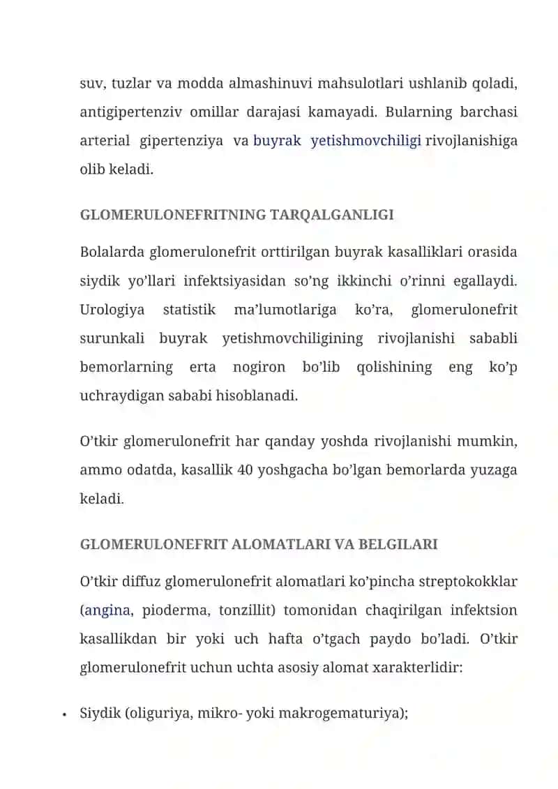 GLOMERULONEFRIT — SABABLARI, ALOMATLARI, TASHXISLASH, DAVOLASH, ASORATLARI 3