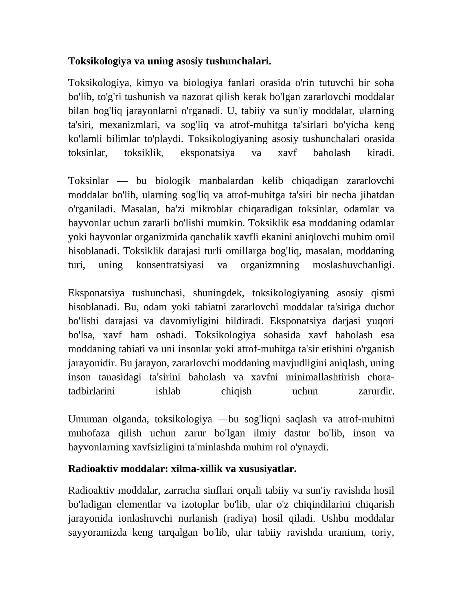 Toksikologiya va radioaktiv moddalar toksikologiyasi.Organizmning nurdan zararlanish holat darajasini baholash.Radioaktiv moddalar bilan ishlaganda sanitariya qonun -qoidalar 3