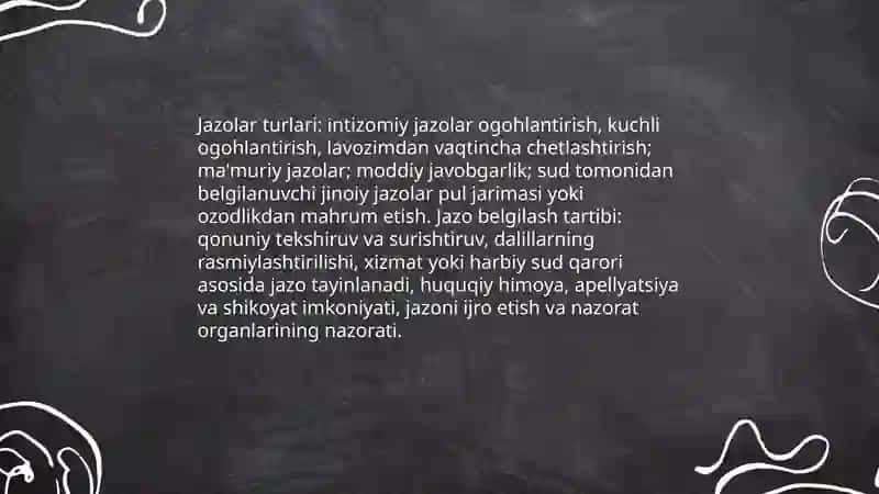 Harbiy xizmatchilarga nisbatan qoʻllaniladigan jazolarni ijro etish tartibiva shartlari 3