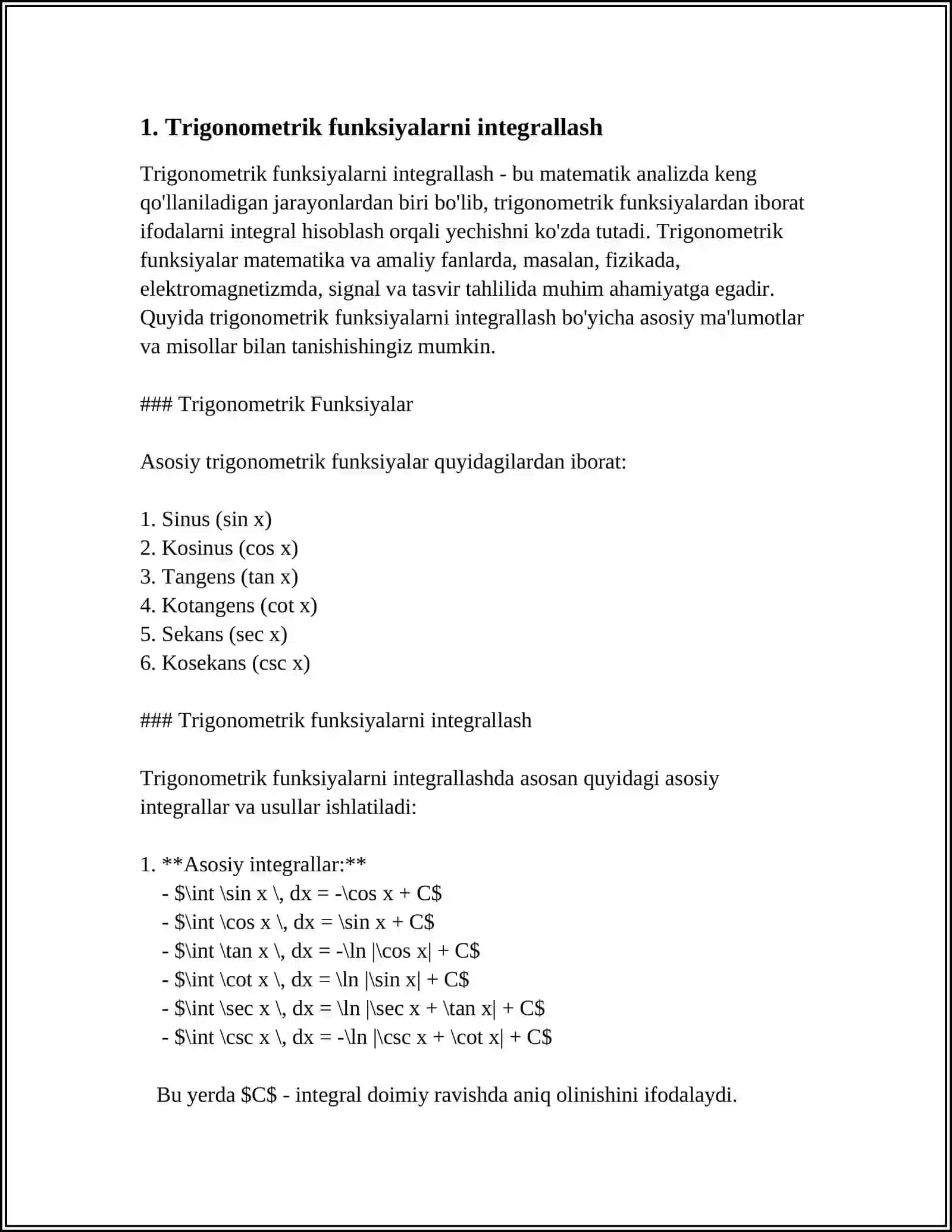 TRIGONOMETRIK VA BAZI IRRATSIONAL FUNKSIYALARNI INTEGRALLASH 3