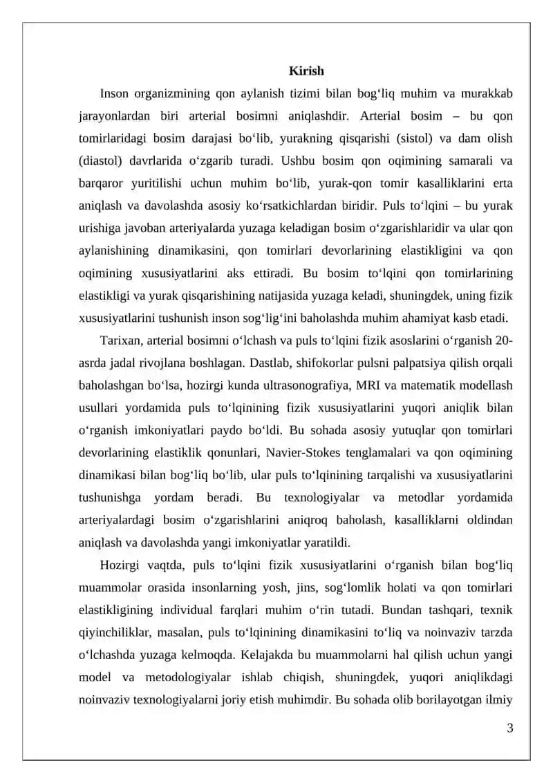 Arterial bosimni aniqlashning fizik asoslari. Puls toʻlqini 3