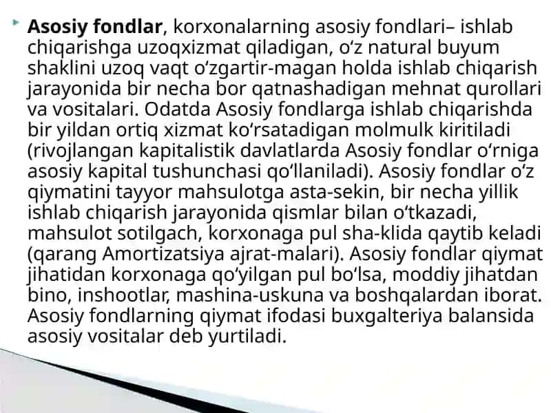 Asosiy fondlarning turlari tarkibi va ko'rsatkichlari 3