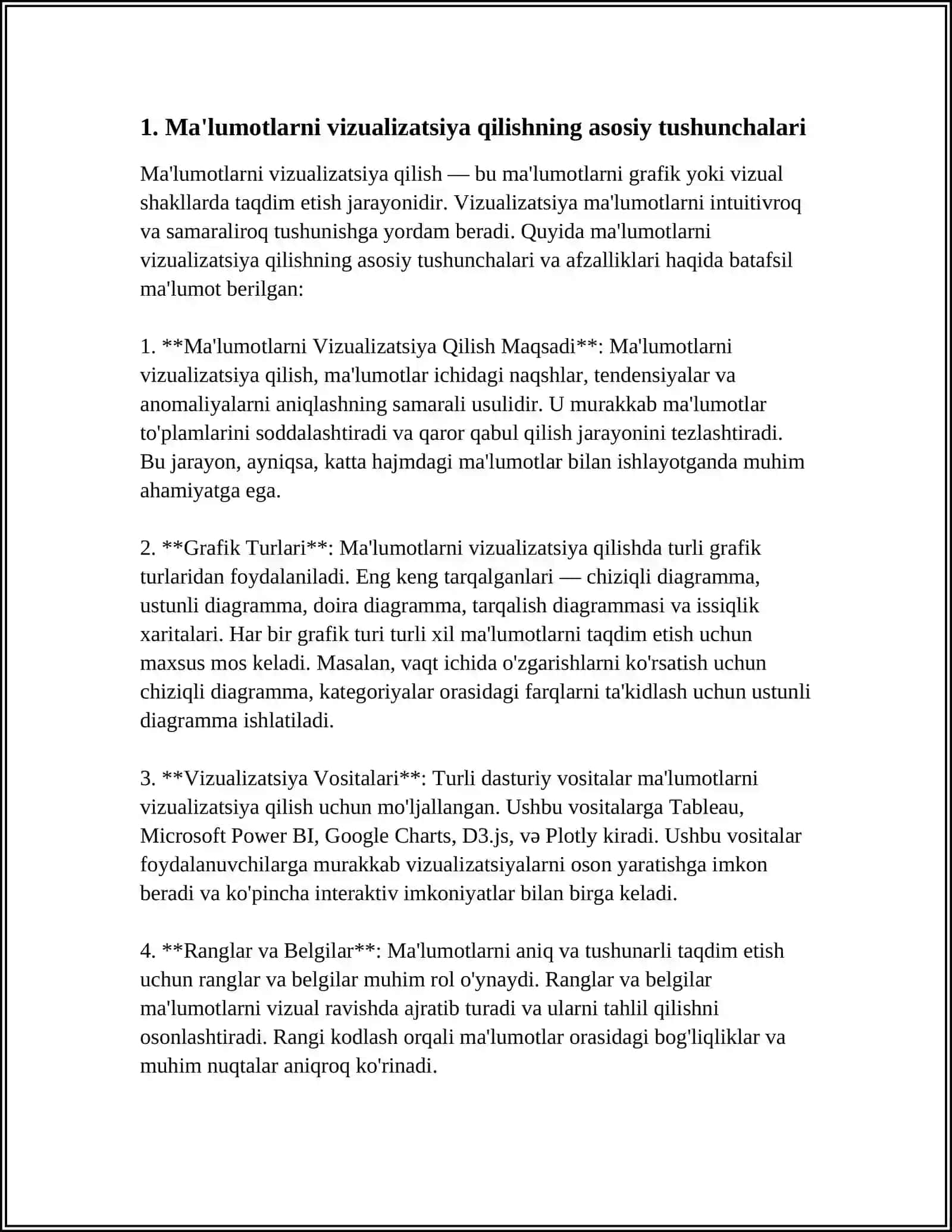 “KATTA MA'LUMOTLARNI QAYTA ISHLASH TEXNOLOGIYALARI VA USULLARI” FANIDAN. MA'LUMOTLARNI VIZUALIZATSIYA QILISH MAVZUSI 3