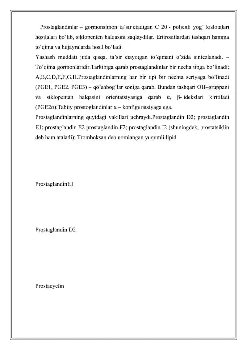 Gormonoidlar.prostoglandinlar va ularning biologik ahamiyati. Prostoglandin F2 haqida malumot 3