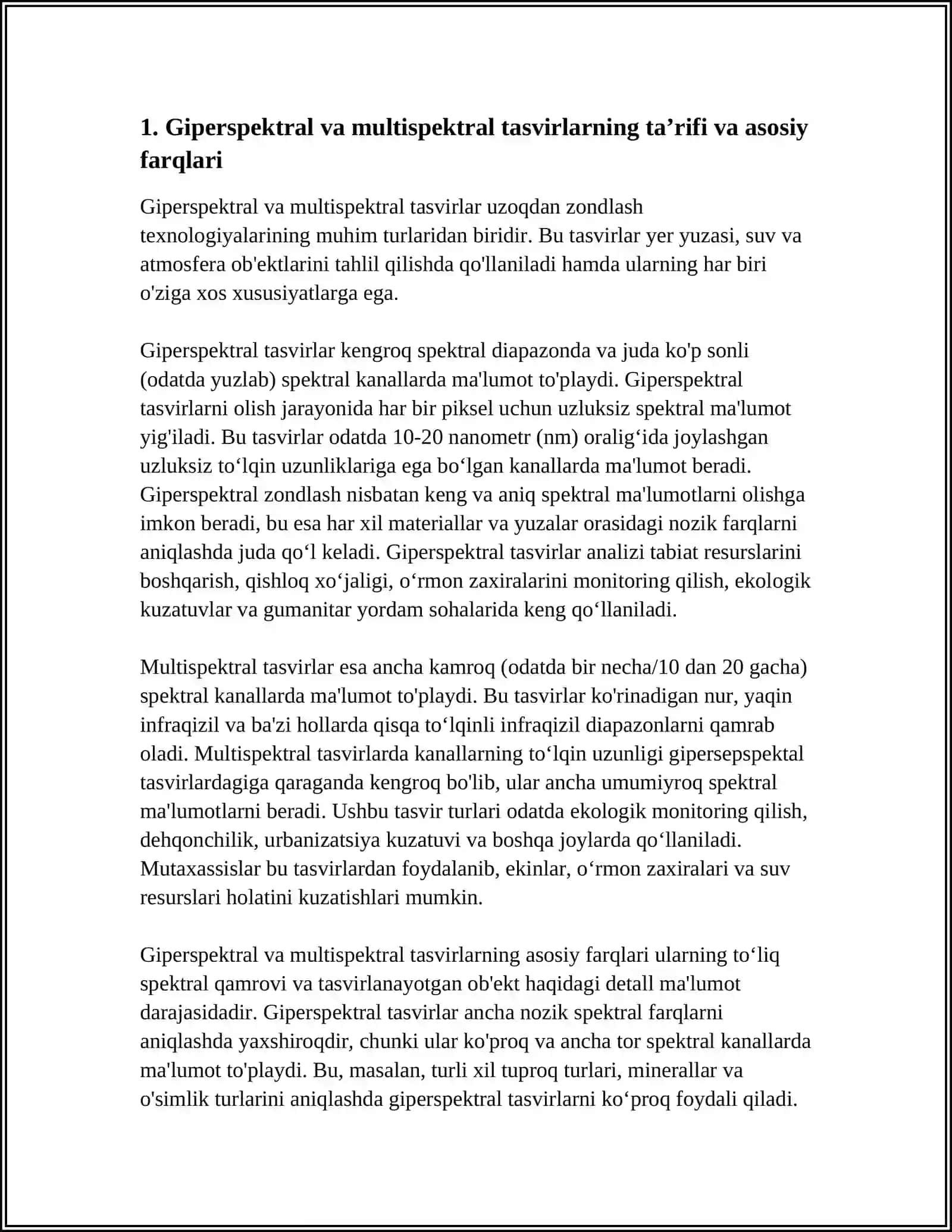 GIPERSPEKTRAL VA MULTISPEKTRAL TASVIRLAR FARQI VA QO‘LLANISHI 3