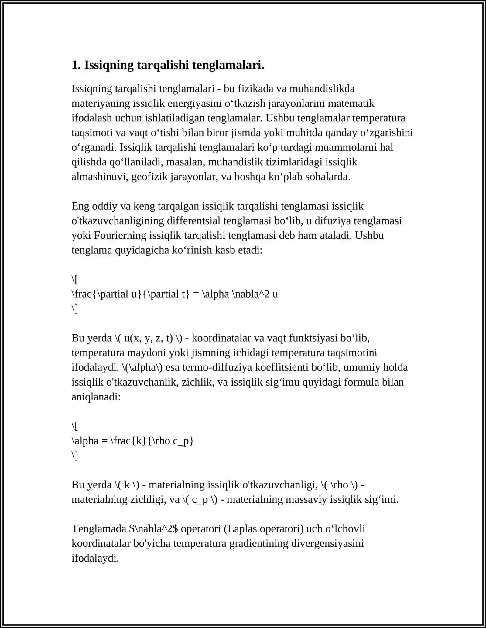 ISSQLIK TARQALISH TENGLAMASINI METALL STERJINDAN CHEGARALANMAGAN STERJINDA FAZODA TEKSHIRISH LAPLASNING IKKINCHI TENGLAMASIGA KRLTITILADIGAN MASALALAR DIRIXLE MASALASINI...2024-2025-o'quv yili 3