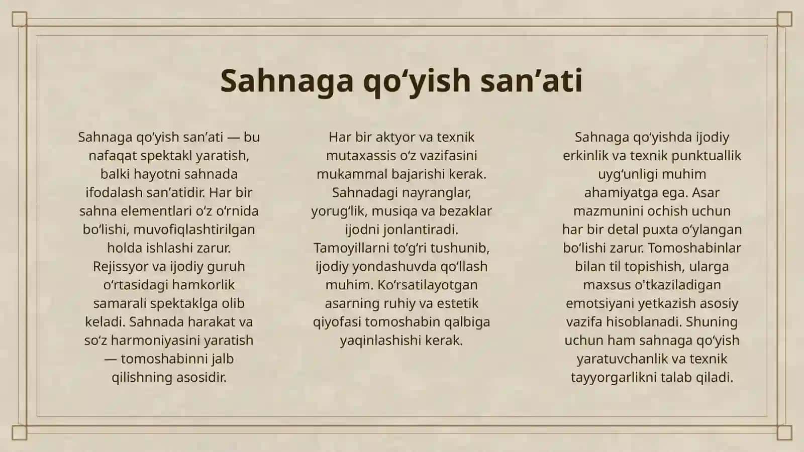 SAHNAGA QOʻYISH FAOLIYATIDAGI ASOSIY TAMOYILLAR 3