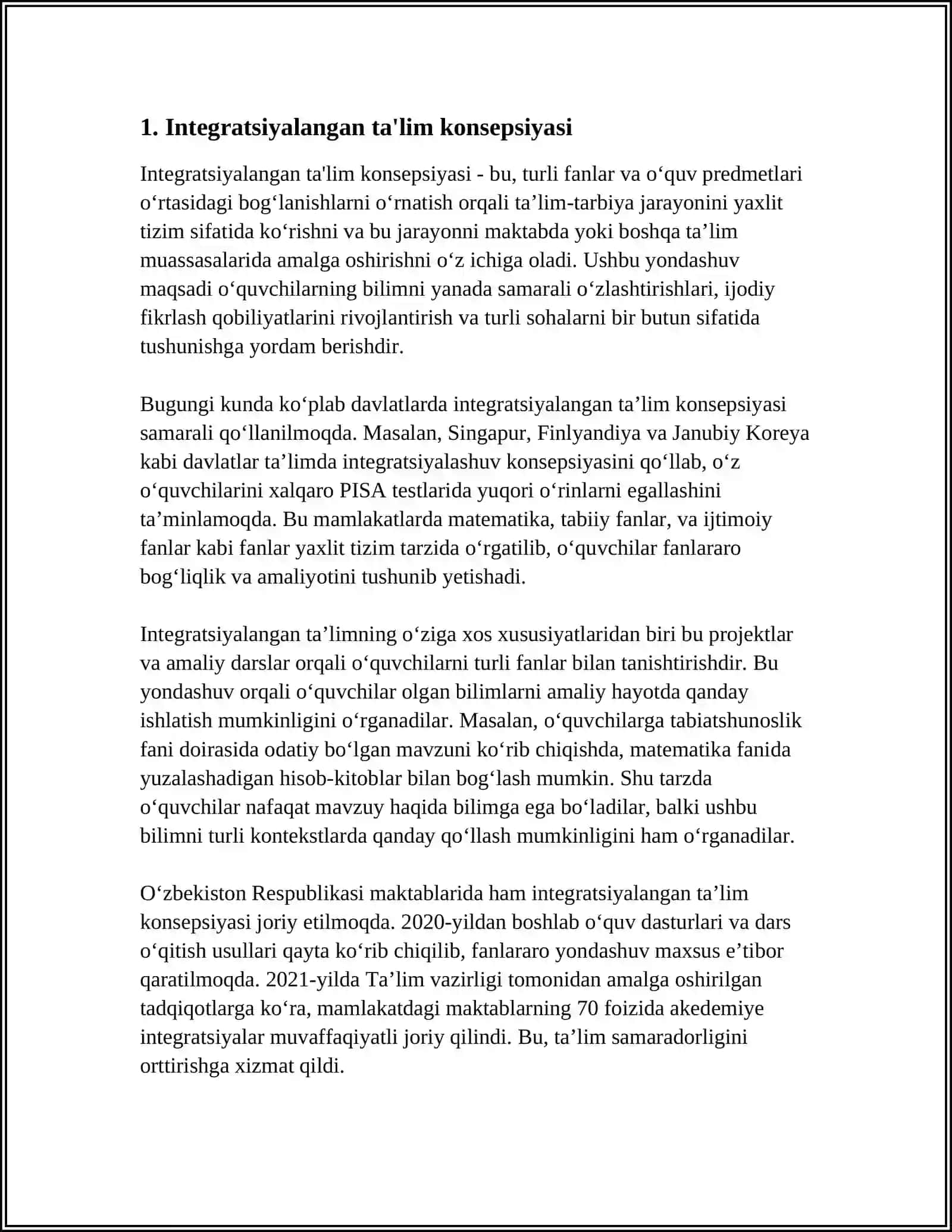 MUSTAQIL ISH Mavzu: INTIGRATSIYALANGAN TA'LIM SHAROITIDA,TA'LIM KLASTIRIDAN FOYDALANISHNING PEDAGOGIK IMKONIYATLARI 3