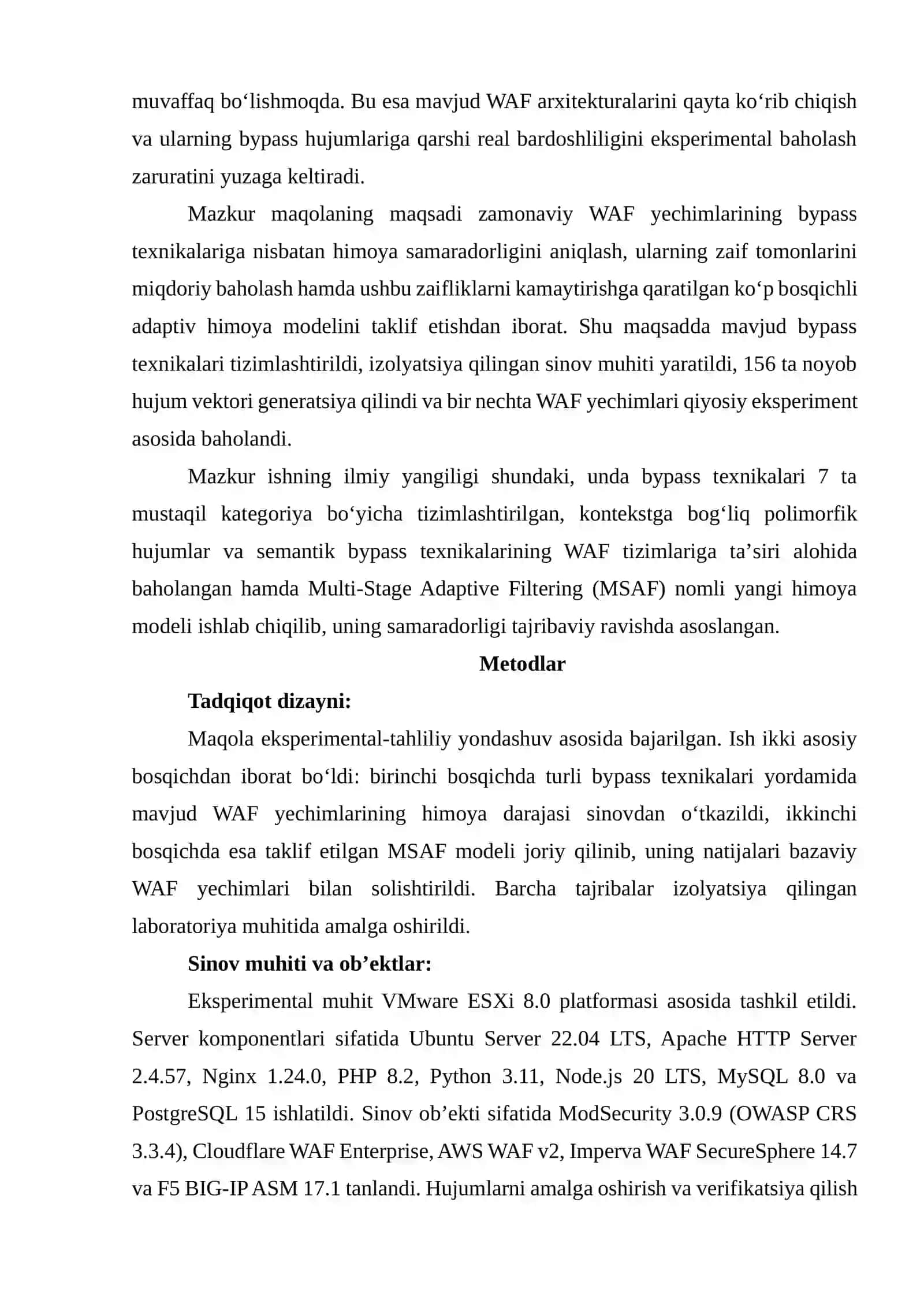 WEB APPLICATION FIREWALL (WAF) TIZIMLARINI CHETLAB OʻTISH USULLARI: EKSPERIMENTAL TAHLIL VA ADAPTIV HIMOYA MODELI 3