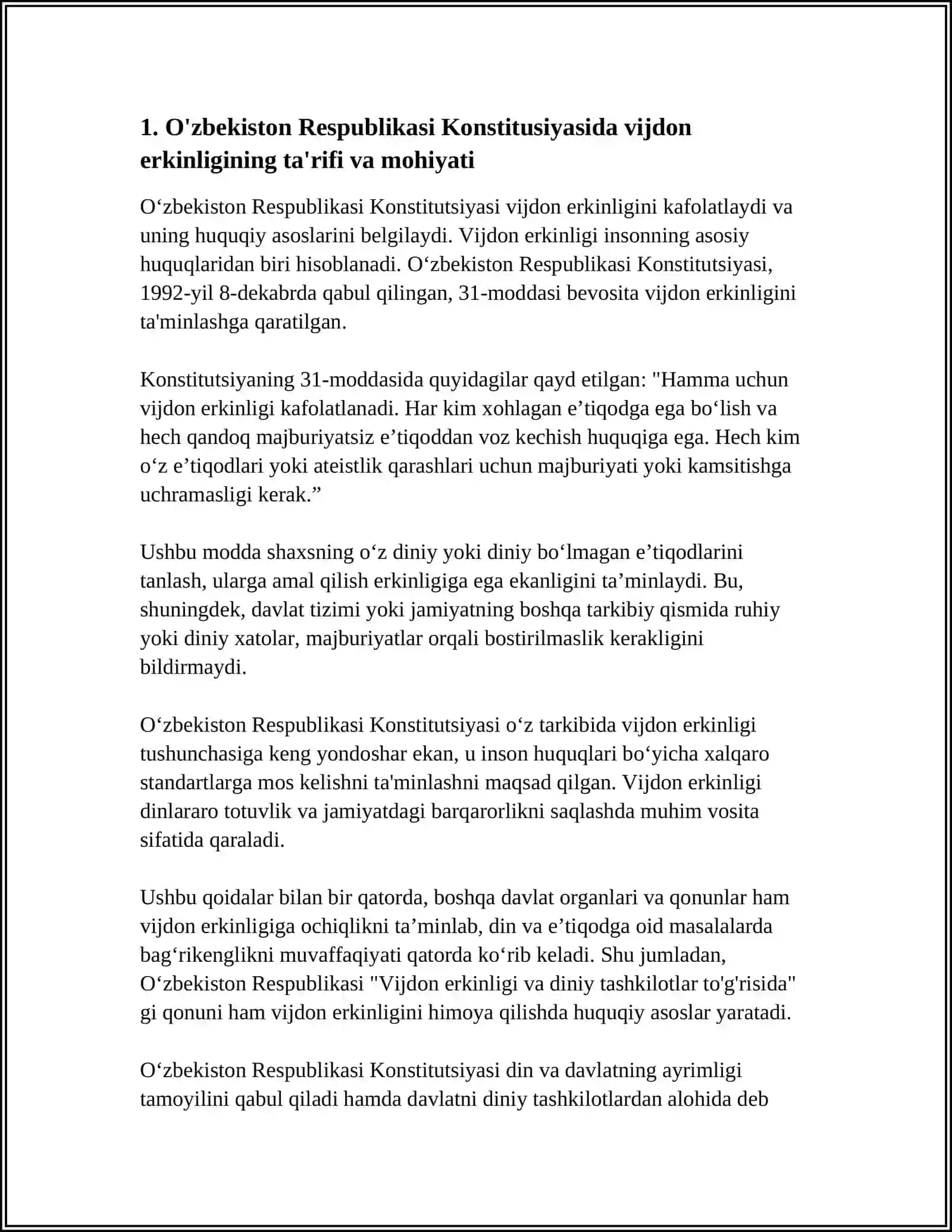 O'ZBEKISTON RESPUBLIKASI KONSTITUTSIYASIDA VIJDON ERKINLIGINING IFODALANISHI 3