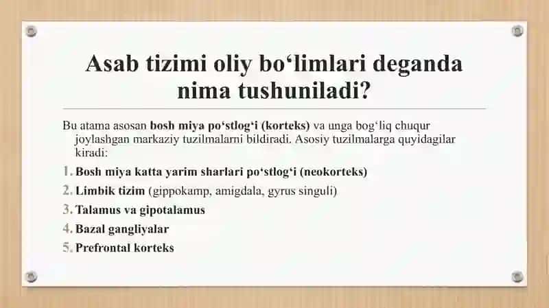 Asab tizimi oliy bo’limlarining vazifasi. Shartli reflekslar. Oliy asab faoliyati tiplari 3