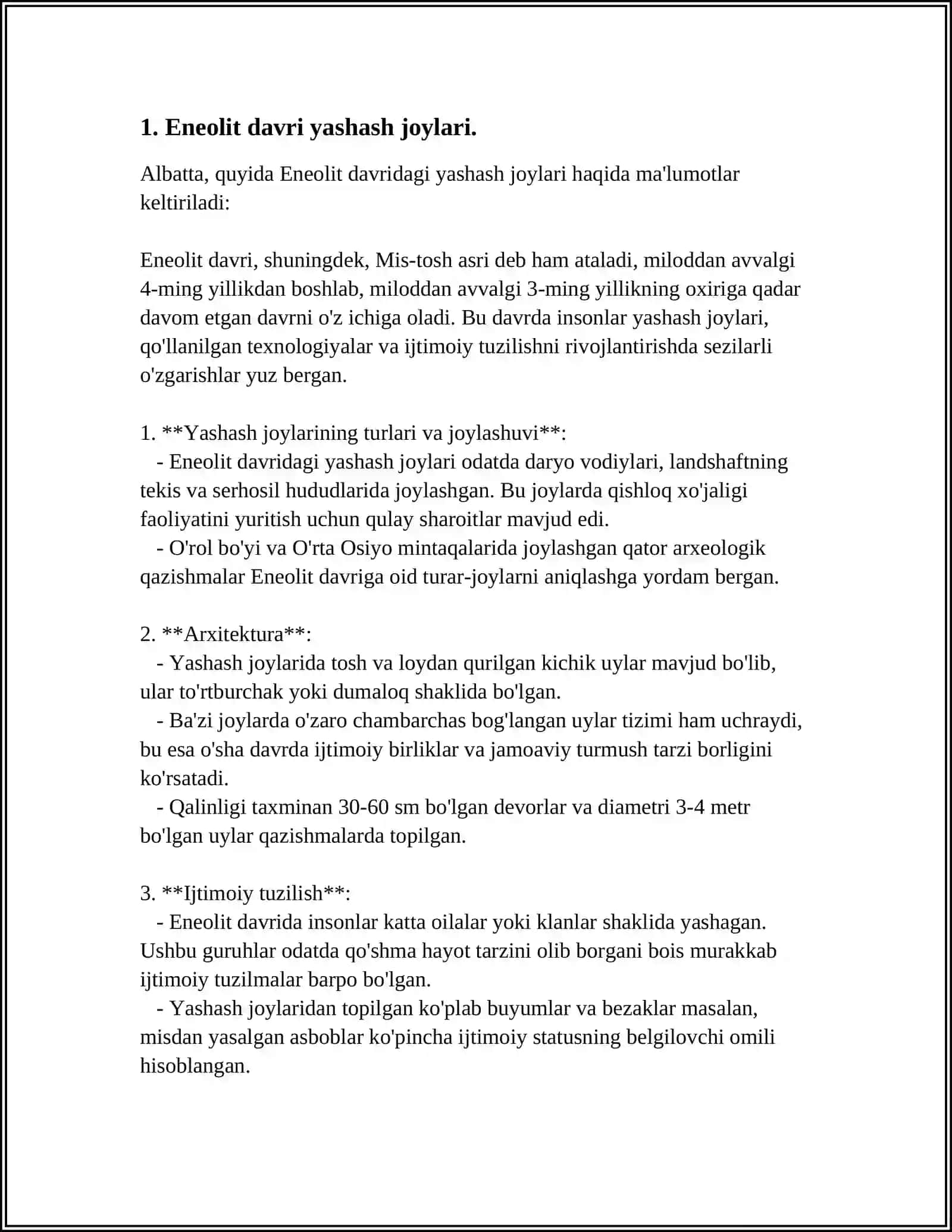 ENEOLIT DAVRIGA OID MANZILGOHLAR HAQIDA MUSTAQIL ISH 3