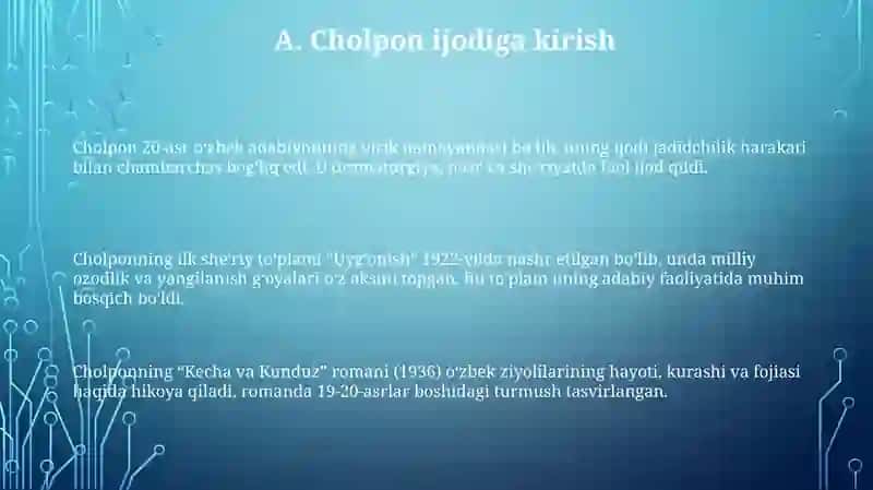 Cholpon "Kecha va Kunduz" romani, "Qor qo'lida lola" hikoyasi 3