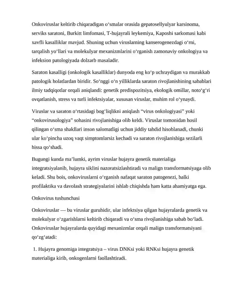 Onkoviruslar, ularning tarqalish yo'llari, o'sma hosil qiluvchi ta'siri 3