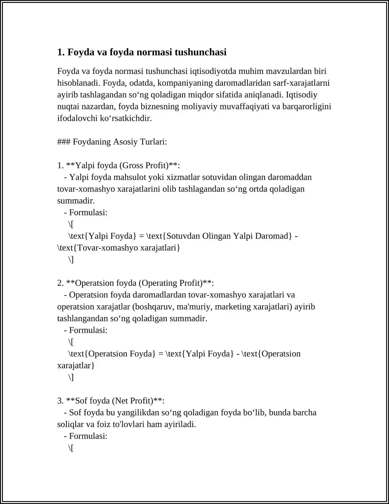 SOF FOYDA. FOYDA NORMASI VA MASSASI HAMDA ULARNI HISOBLASH. FOYDA NORMASIGA TA'SIR KO'RSATUVCHI OMILLAR 3