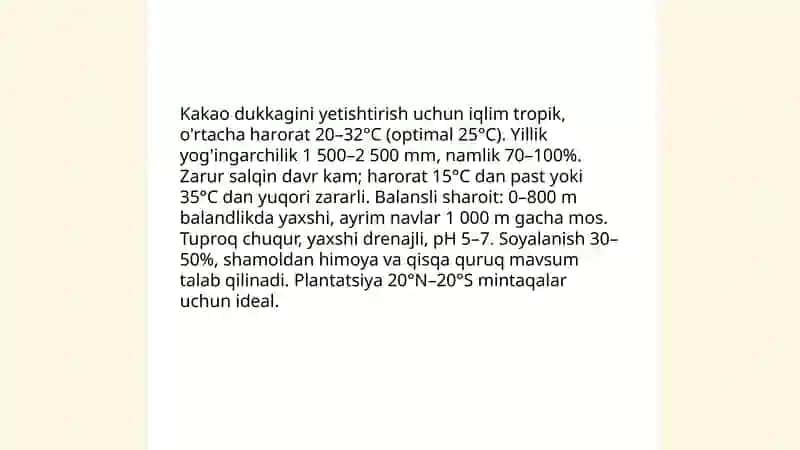 Kakao dukkagını yetishtirish, uning tuzilishi, o'lchamlari, navlari va kimyoviy tarkibi 3