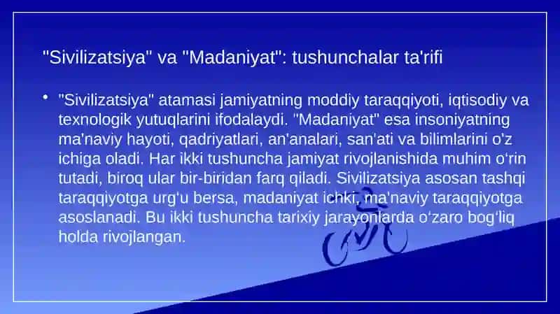 Sivilizatsiya va Madaniyat tushunchalari mazmuni va ularning tarixiy taraqqiyotda namoyon bo'lishi. Mustaqillik yillarida shaharsozlik, tarixiy bosqichlar va rivojlantirish istiqbollari 3