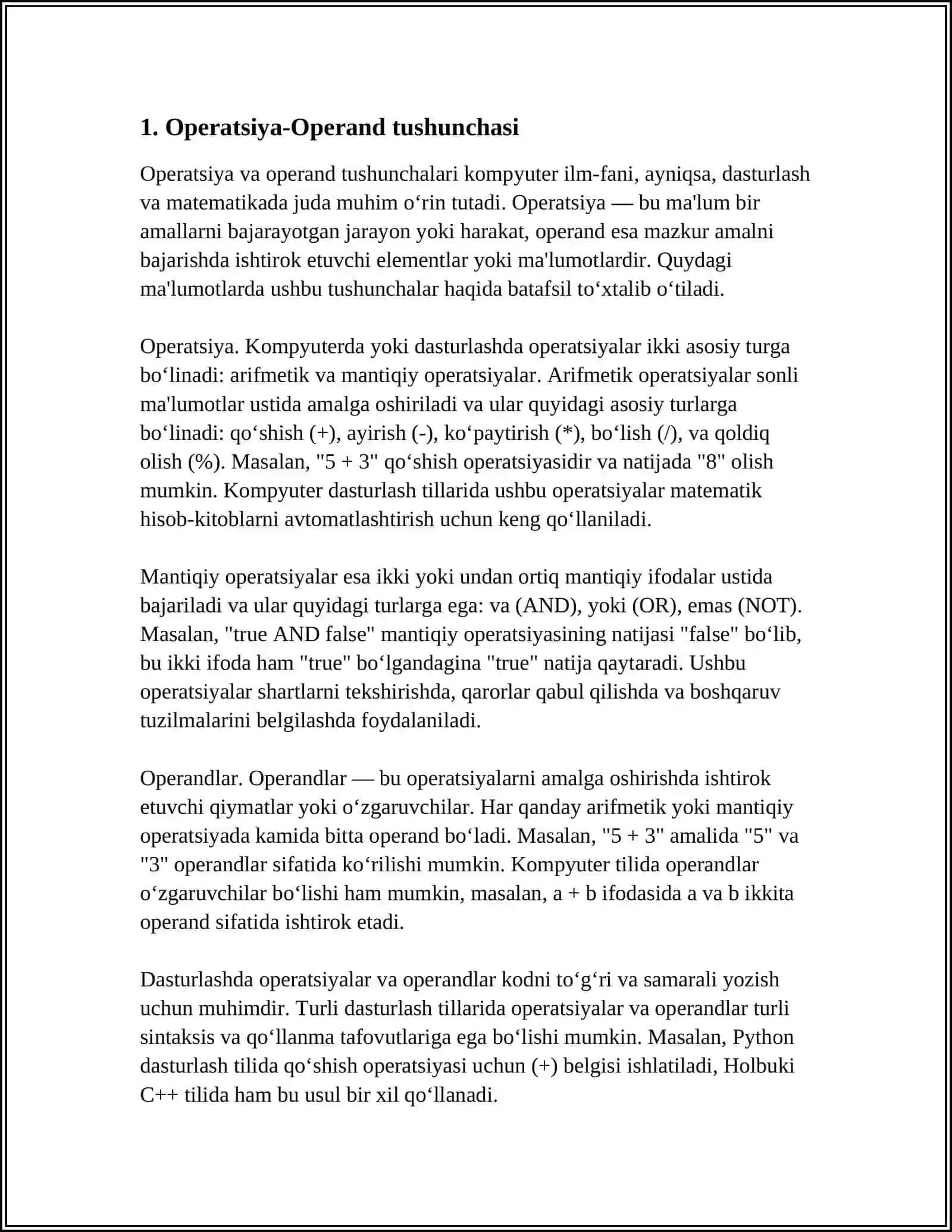 "OPERATSIYA-OPERAND" "HISOBLASHLAR MODELINI ÕRGANISH" 3