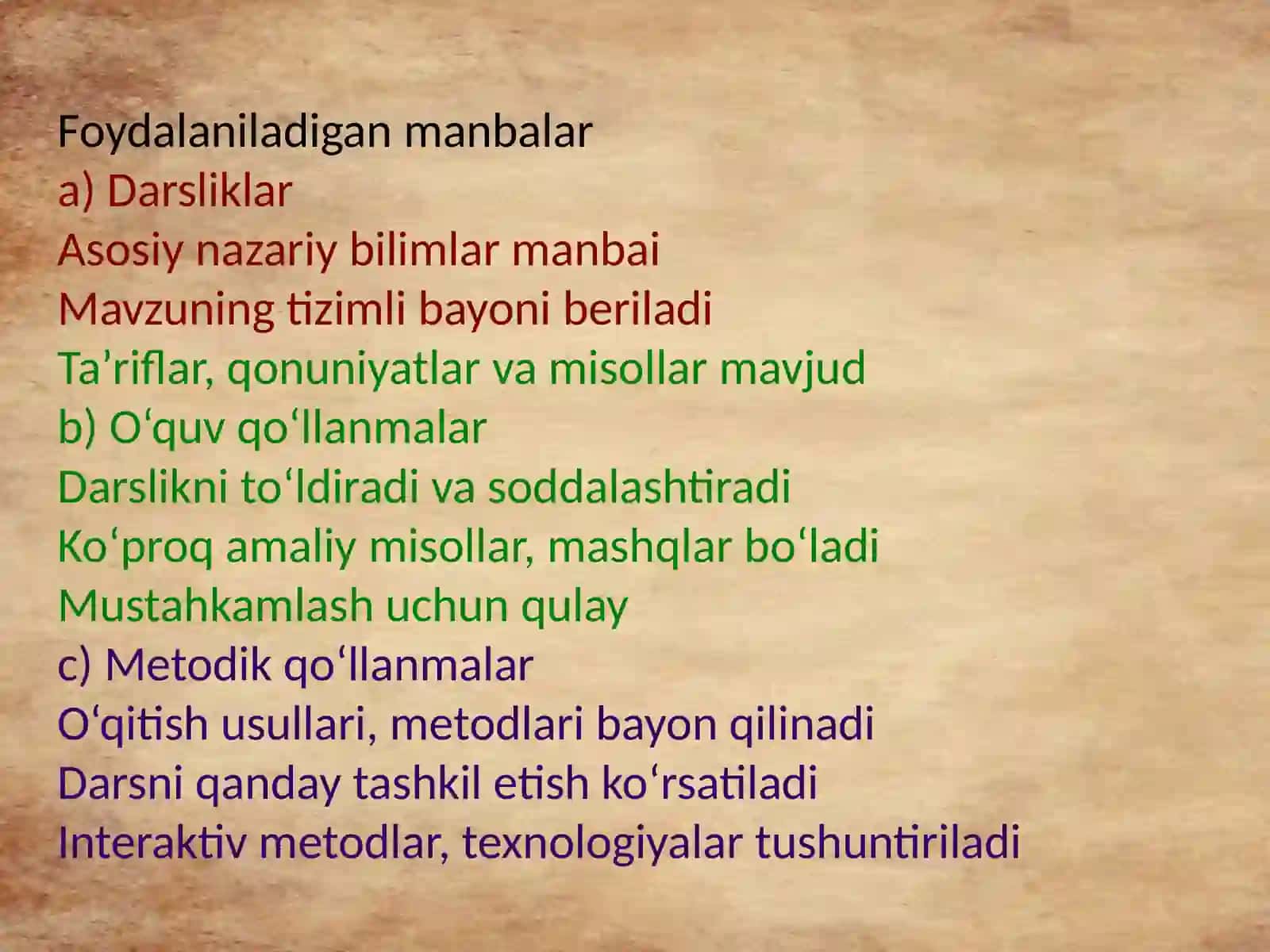 Mustaqil ravishida mavzuga oid darslik, o‘quv va metodik qo‘llanmalarni o‘rganish va tahlil qilish. 3