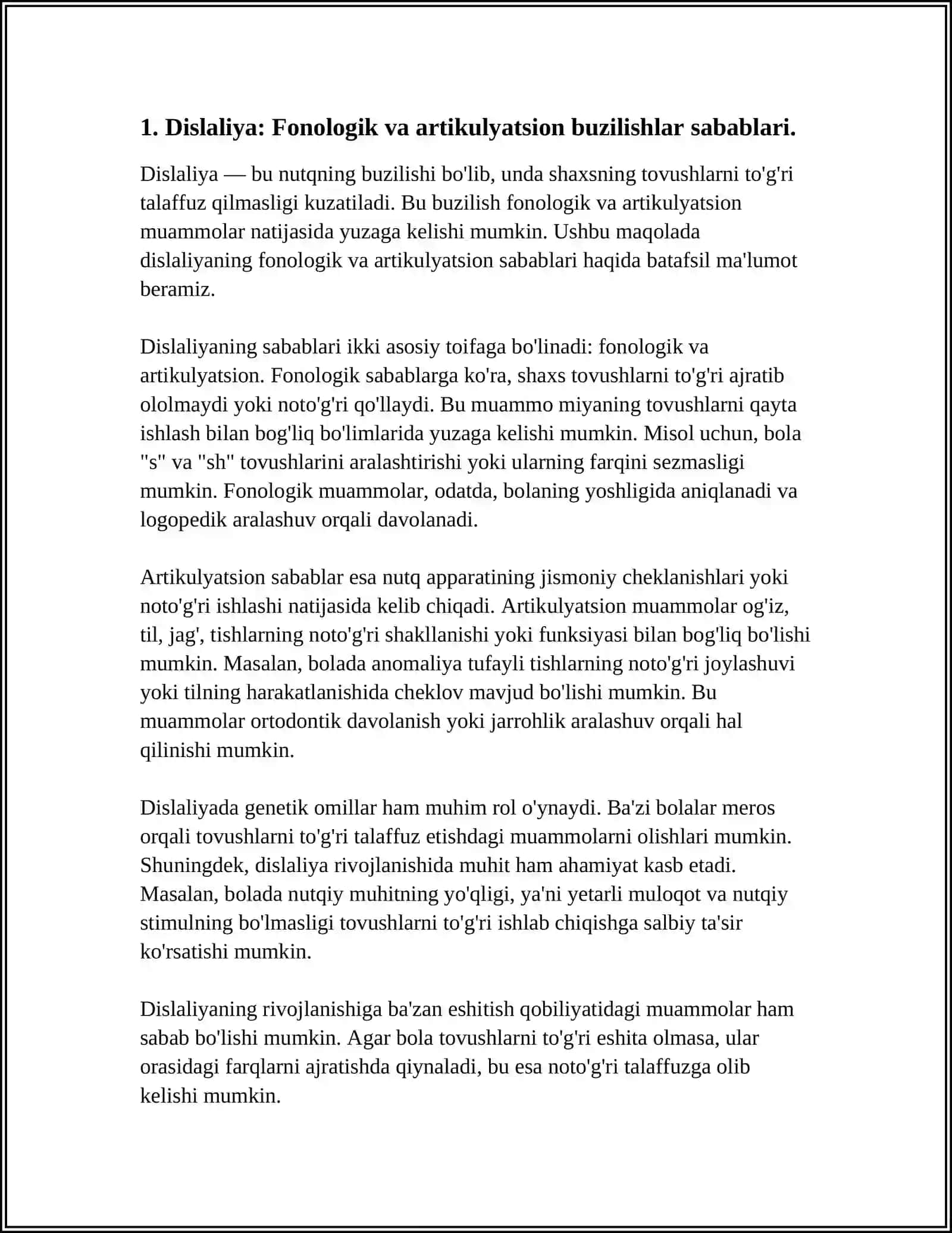 BOLALARDA NUTQ BUZILISHINING SABABLARI (DISLALIYA, DIZARTRIYA, RIPOLALIYA, ALALIYA, AFAZIYA) 3