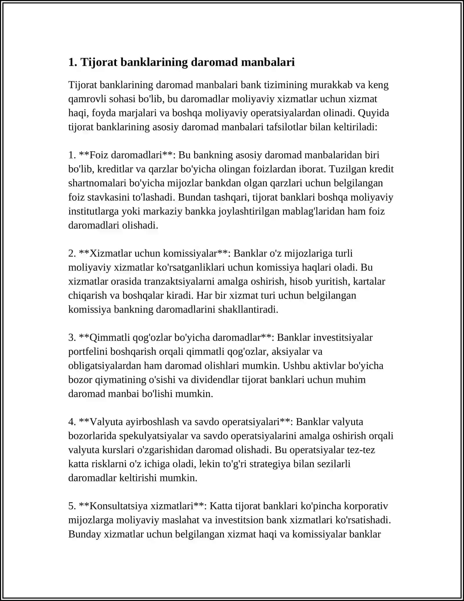 TIJORAT BANKLARINING DAROMADLARI, XARAJATLARI VA FOYDASI 3