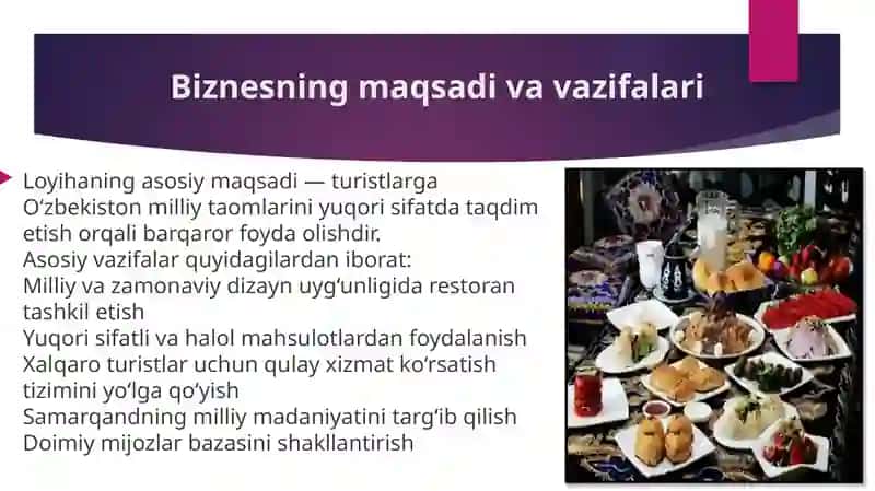 Samarqand shahrida turistlar uchun milliy restoran Biznes reja 3