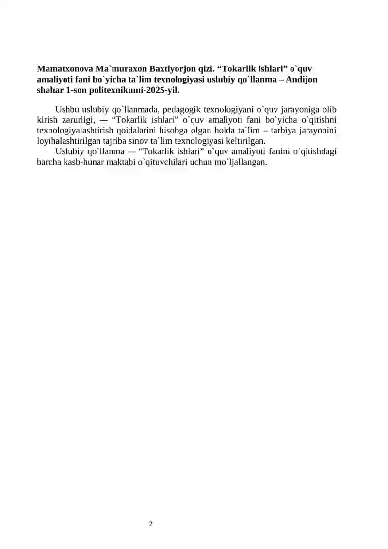 TOKARLIK ISHLARI O`QUV AMALIYOTI FANIDAN O‘QITISH MATERIALLARI 3