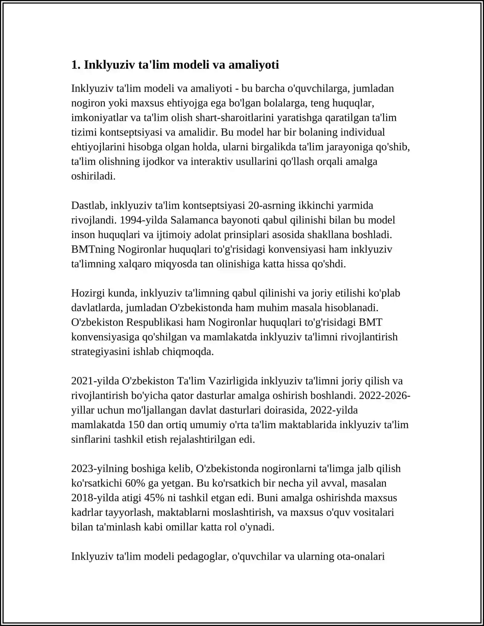 INKLYUZIV, UY TA’LIMI VA “MEHRLI MAKTAB”LARDA PEDAGOGIK JARAYONINI TASHKIL ETISH YO‘LLARI VA VOSITALARI 3