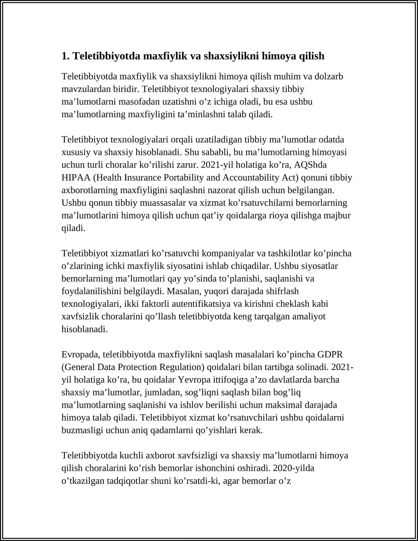 TIBBIYOTDA RAQAMLI TEXNOLOGIYALAR ETIKASI. TELETIBBIYOT 3