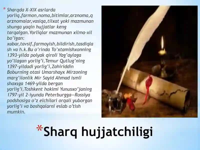 Hujjatchilik tarixi. Sharq hujjatchiligi. O’zbekiston Respublikasida hujjatchilikning takomillashuvi. Hujjat turlari va xususiyatlari. 3