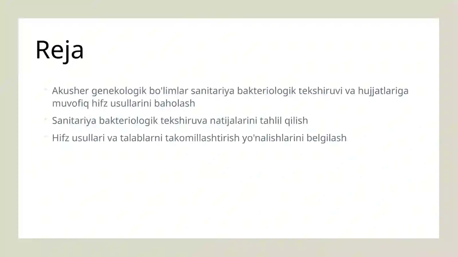 Akusher genekologik bo'limlar sanitariya bakteriologik tekshiruvi va hujjatlariga muvofiq hifz usullarini baholash 3