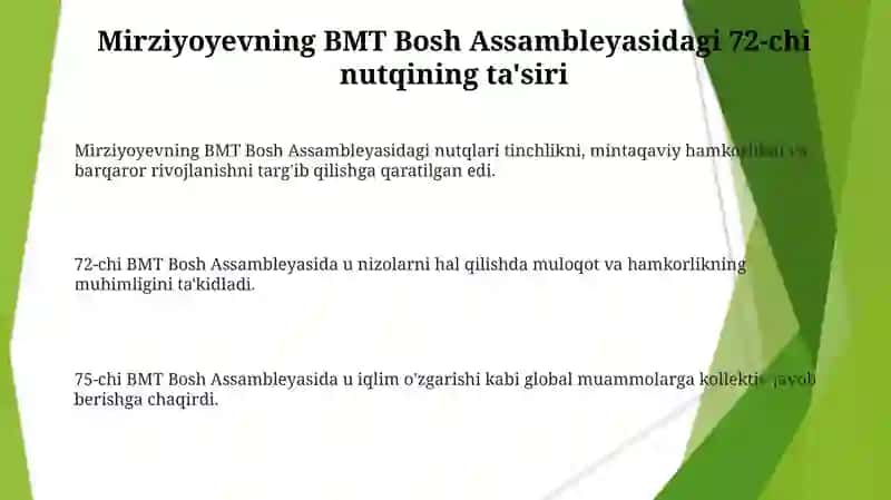 Shavkat Mirziyoyevning BMT Bosh asambleyasining 72 va 75 sessiyalaridagi nutqlari va mazmuni 3