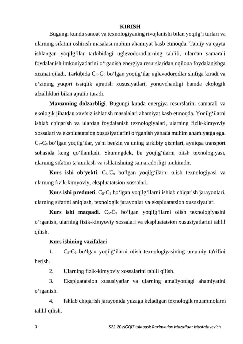 "Neft va gazni qayta ishlash kimyoviy texnologiyasi" Kurs ishi 3
