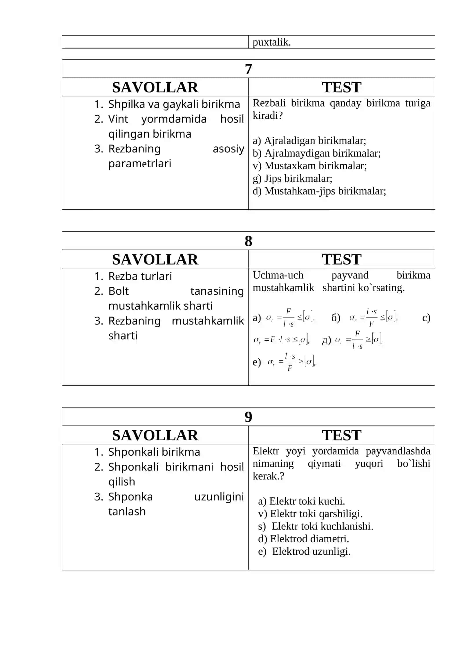 Texnika SAVOLLAR TEST 3