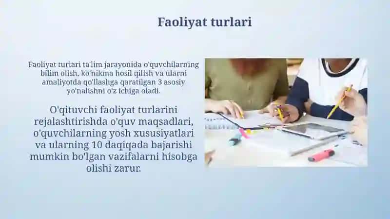 Dars tahlili, oʻzaro darslarga kirish va ochiq dars oʻtkazish faoliyat turlari 3