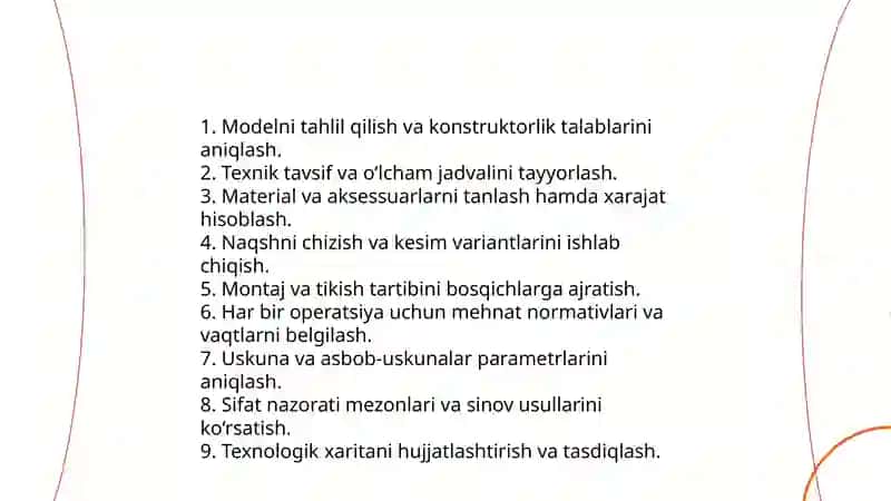 Yaxlit yengil kiyimlar uchun texnologik xaritasini tuzish, maketini tikish 3