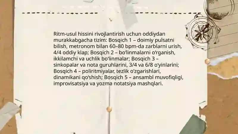 Musiqa darslarida o‘quvchilar musiqiy qobiliyatini, xususan, ritm-usul hissi va asar badiiyatini ifodalash malakalarini rivojlantirish ustida ishlash 3