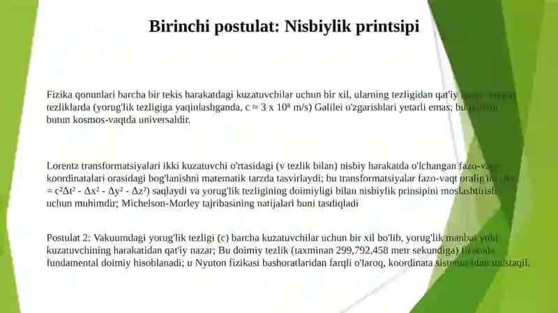 Nisbiylik nazariyasi postulatlari.Lorens almashtirishlari 3