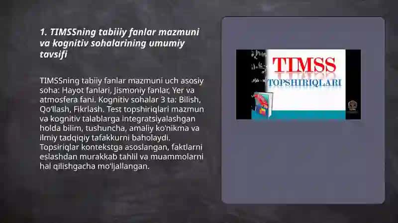 TIMSS xalqaro tadqiqotining tabiiy fanlar mazmuni boʻyicha kognitiv sohalarga doir topshiriqlar bilan ishlash metodikasi 3