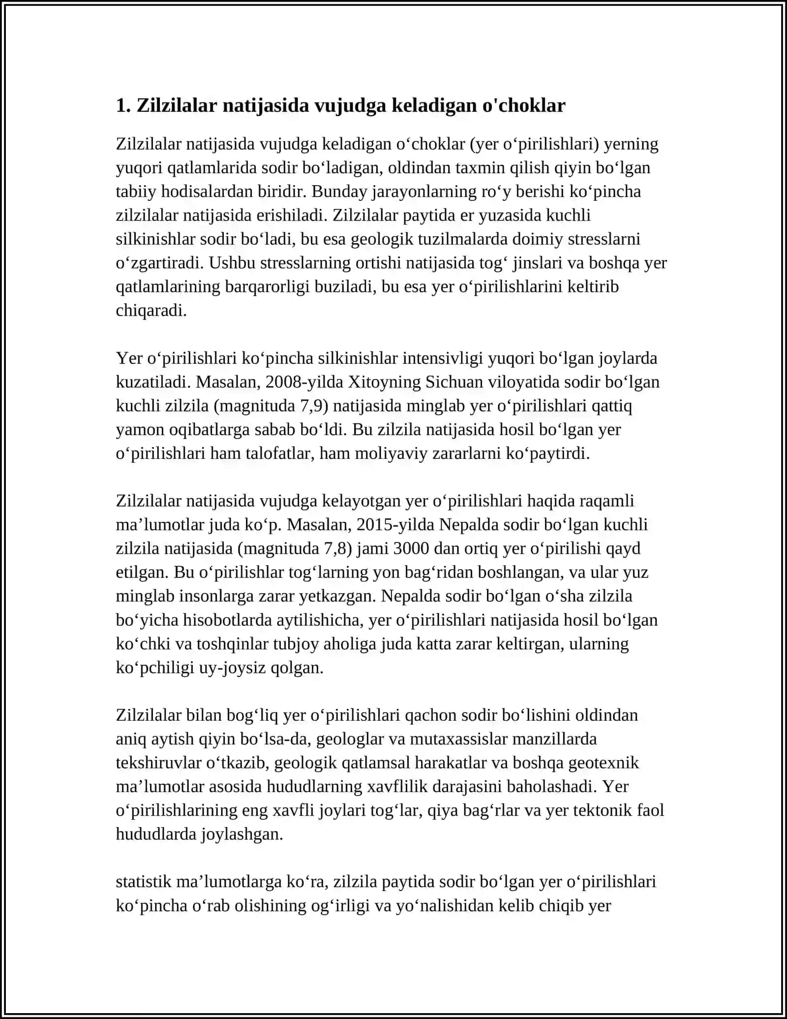 TABIIY OFATLAR OQIBATIDA YUZAGA KELADIGAN FAVQULODDA VAZIYAT O'CHOQLARINING XUSUSIYATLARINI O'RGANISH 3