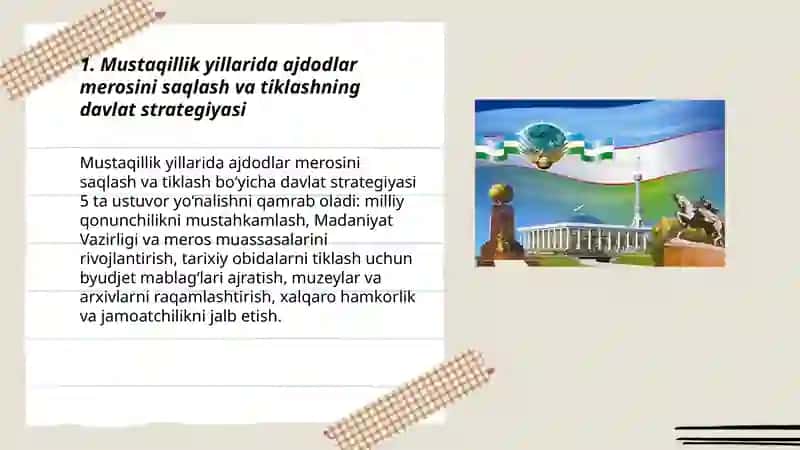 MUSTAQILLIK YILLARIDA AJDODLAR MEROSI VA MILLIY QADRIYATLARNI TIKLASH BORASIDAGI DAVLAT SIYOSATI 3