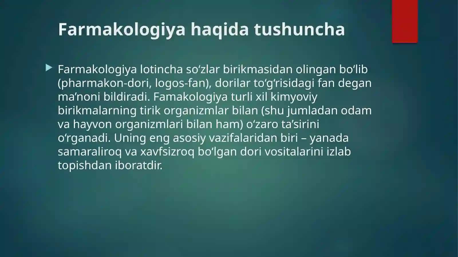 Umumiy farmakologiya. Dorimoddalarning farmakokinetikasi va farmakodinamikasi. Afferent innervatsiyaga ta'sir etuvchi dor vositalari 3